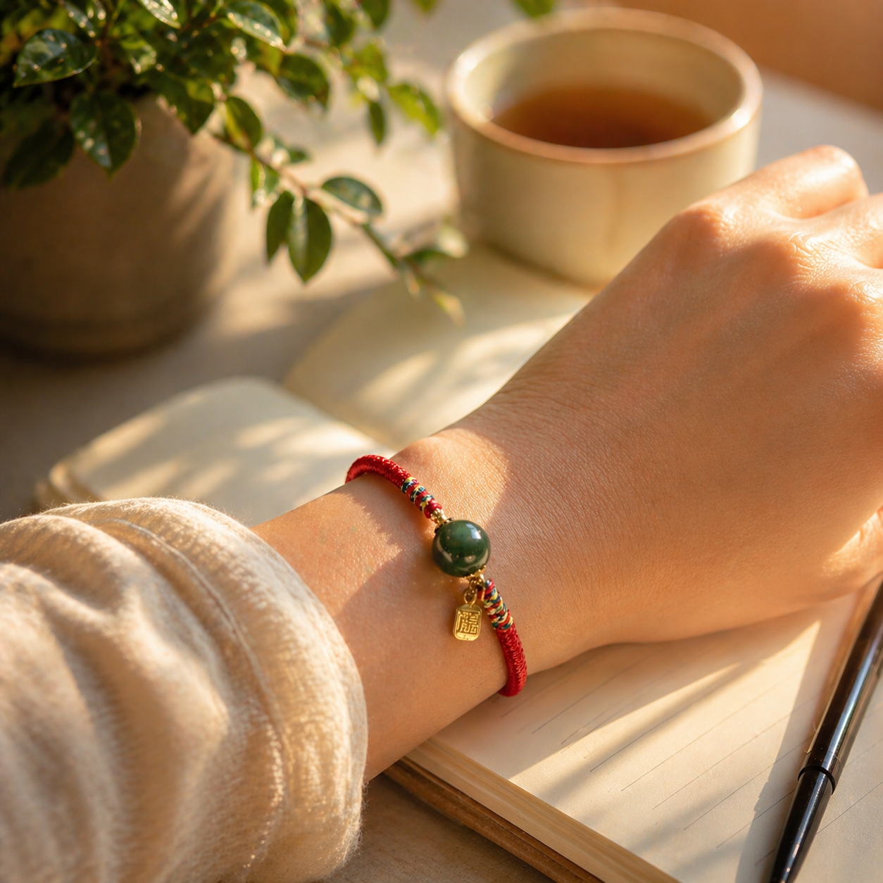 	Hands tying a red string bracelet onto a wrist