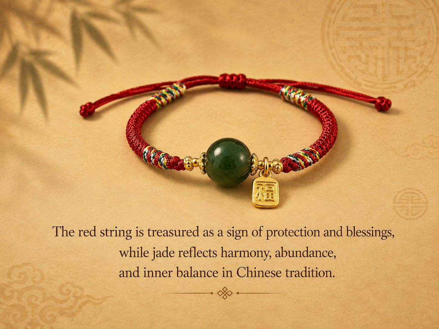 Natural nephrite jade Fortune Bean red string bracelet symbolizing luck, prosperity, growth and protection