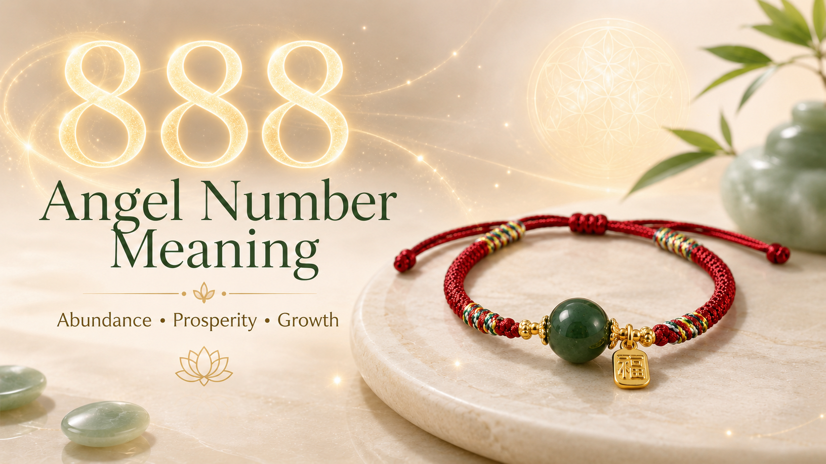 888 angel number meaning blog banner featuring a Yuora red string fortune bean jade bracelet on a stone display, symbolizing abundance, prosperity, and growth.