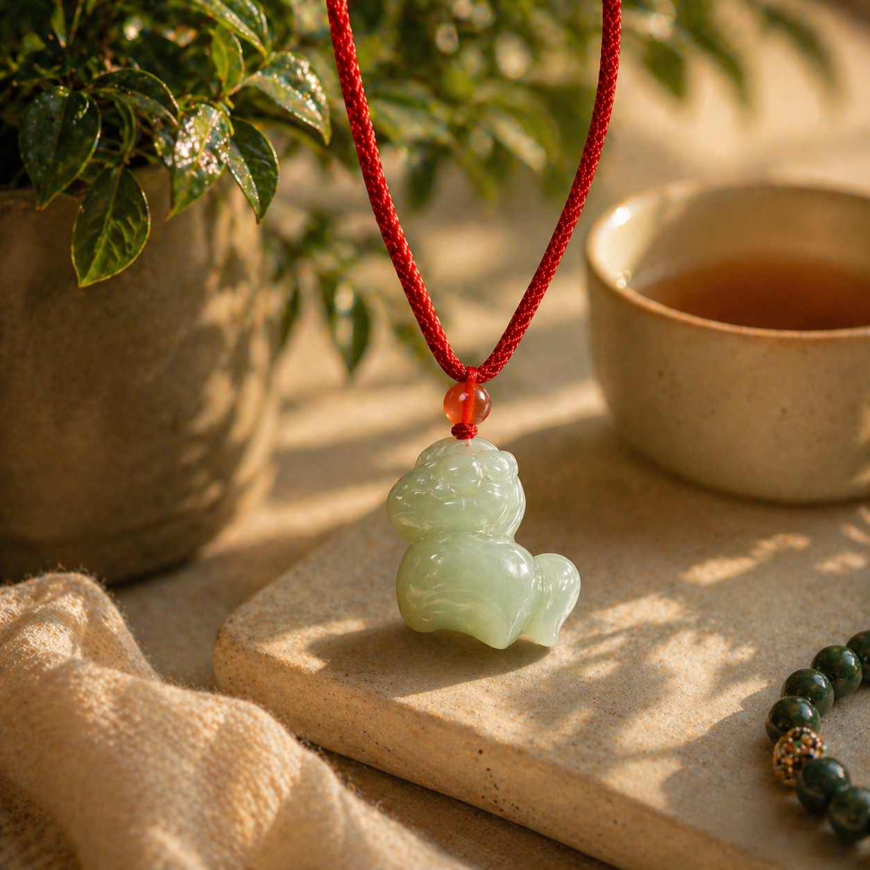 feature a jade horse necklace on a table by tea set