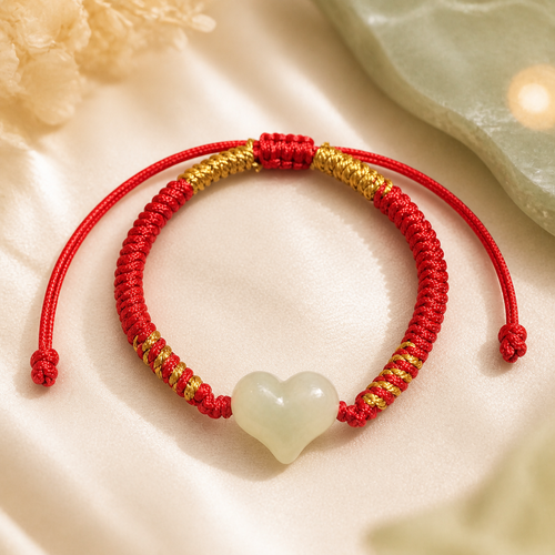 Jade heart bracelet close-up with red adjustable cord