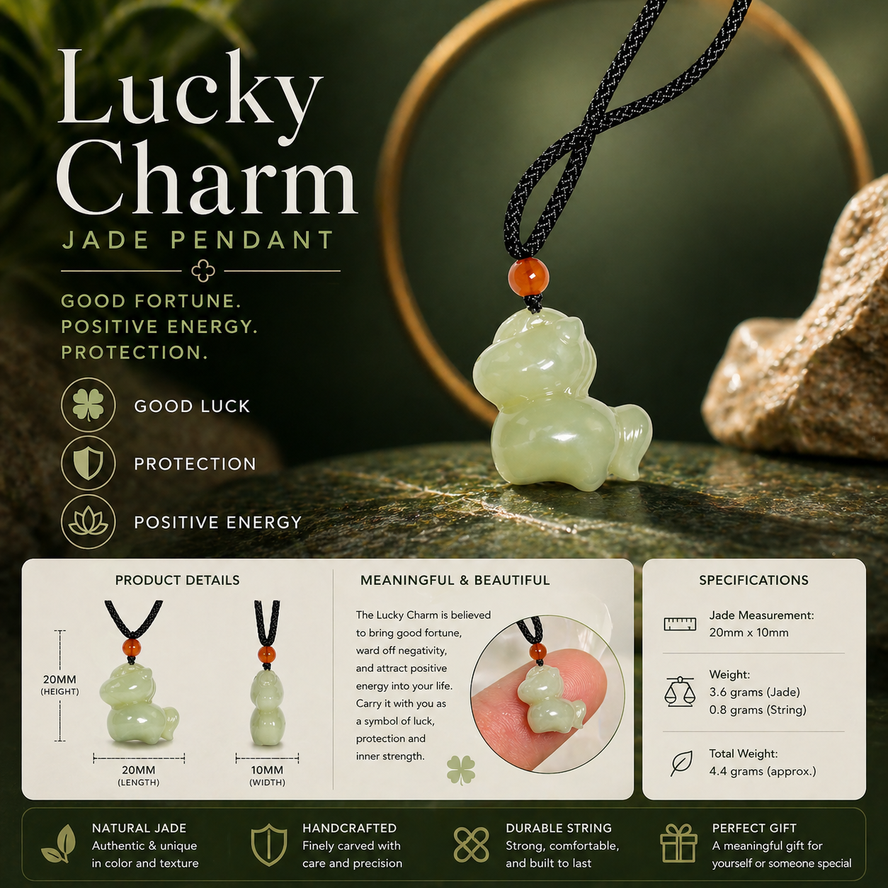 Natural Hetian Nephrite Jade Horse Pendant Necklace – Black String Adjustable Lucky Zodiac Jewelry | Yuora