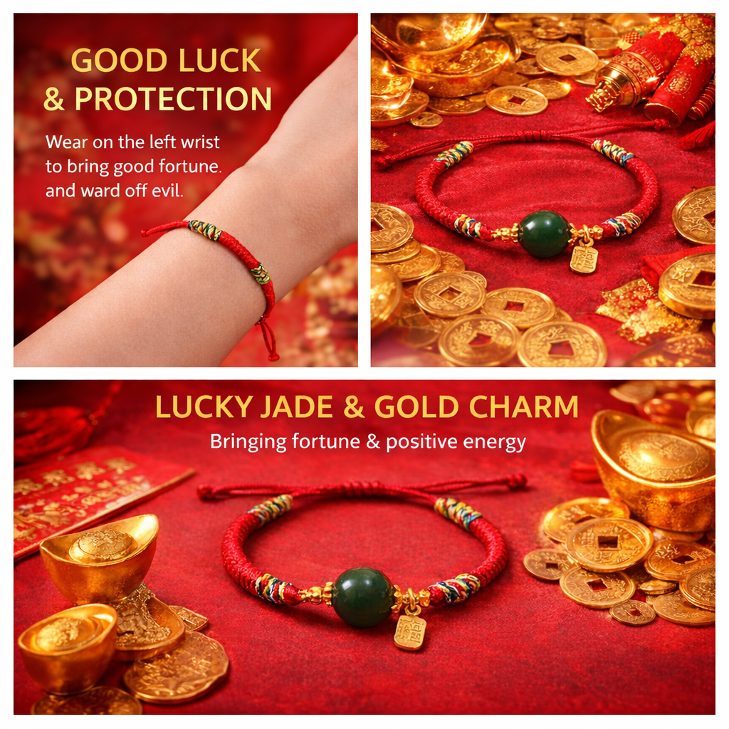 Jade Bean Charm Red String Bracelet