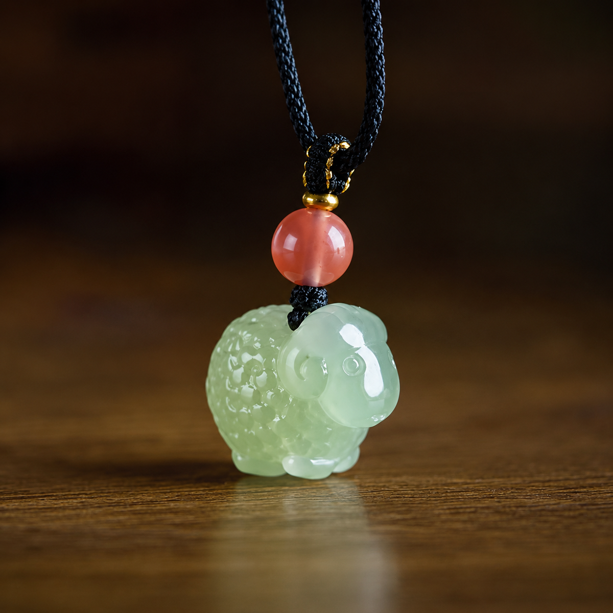 Natural nephrite jade lucky sheep pendant necklace with carnelian bead, 2027 year of the goat zodiac jewelry