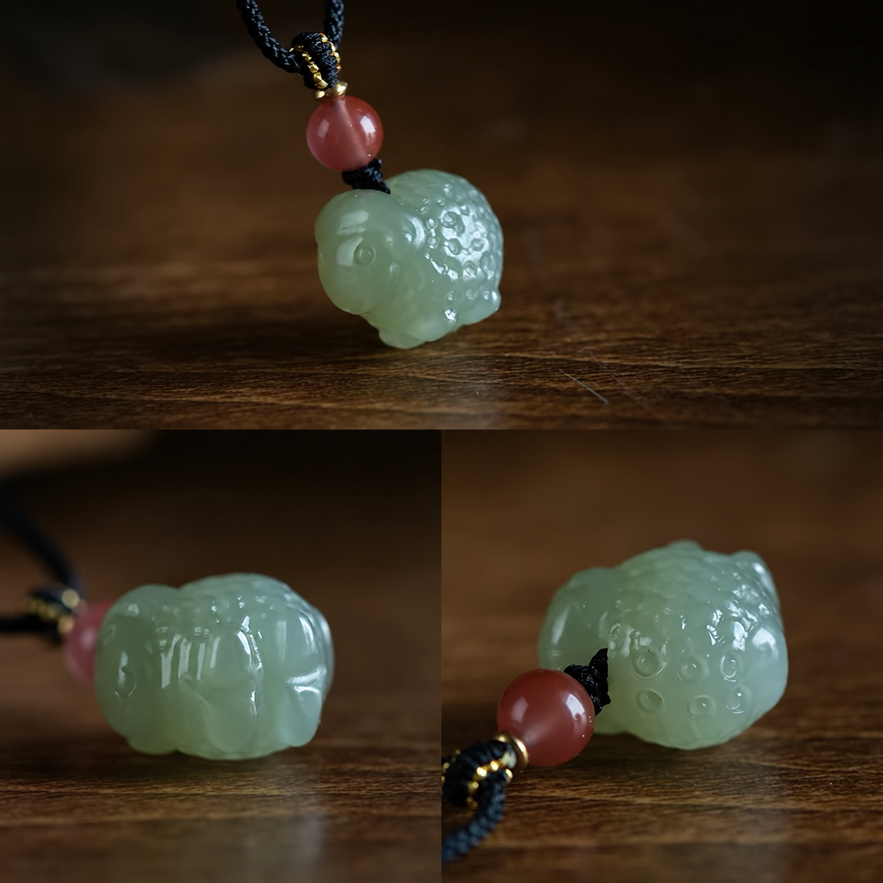 Jade ram pendant necklace close-up, handmade nephrite jade zodiac charm gift