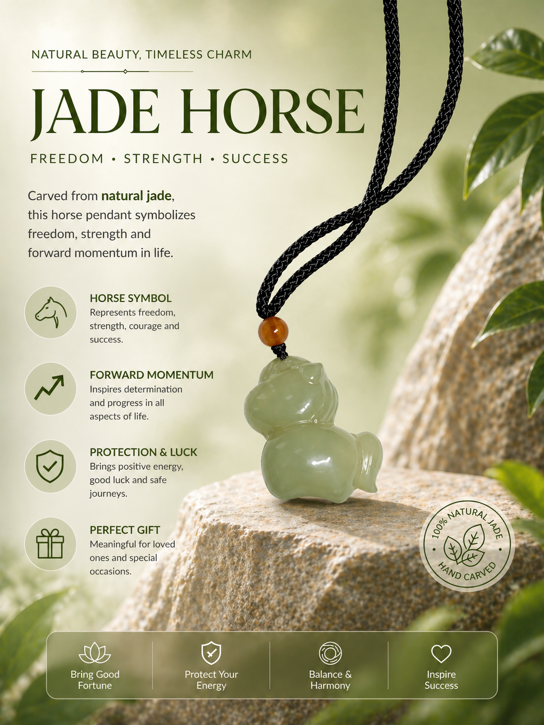 Jade horse pendant on a black cord with natural background