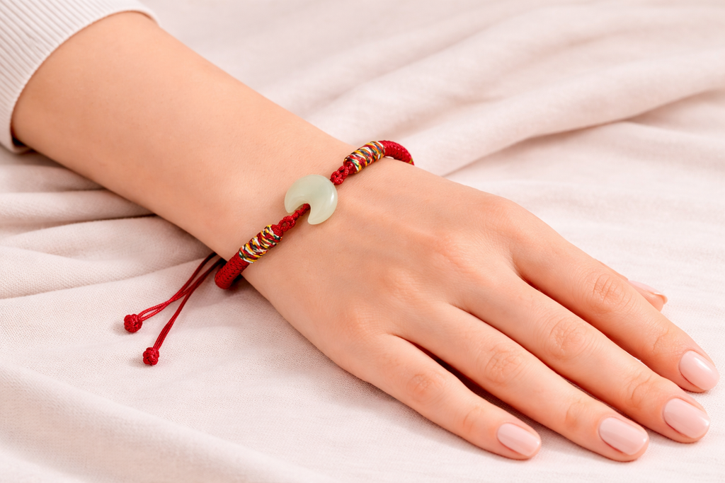 Hand wearing a red bracelet on a light background