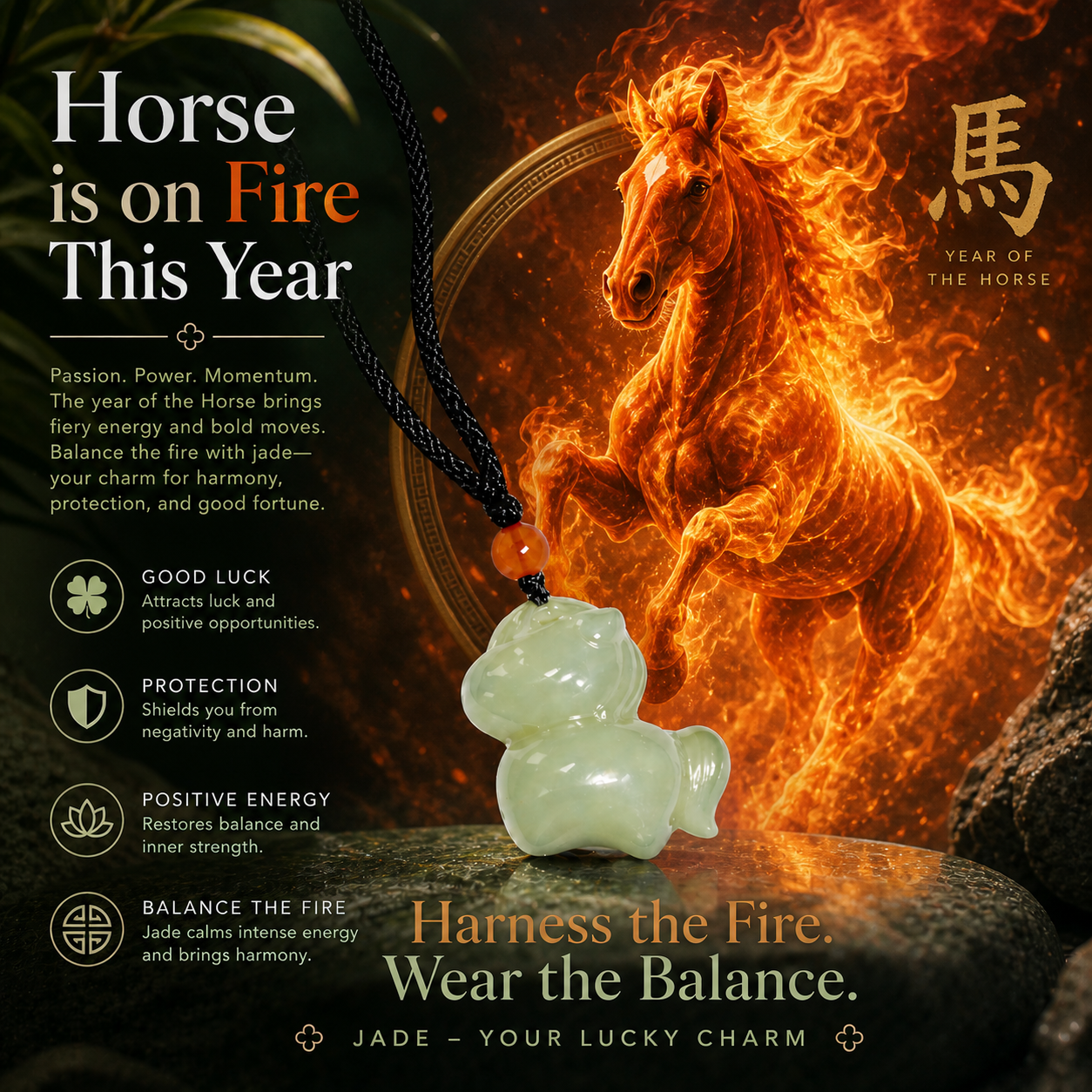 Natural Hetian Nephrite Jade Horse Pendant Necklace – Black String Adjustable Lucky Zodiac Jewelry | Yuora