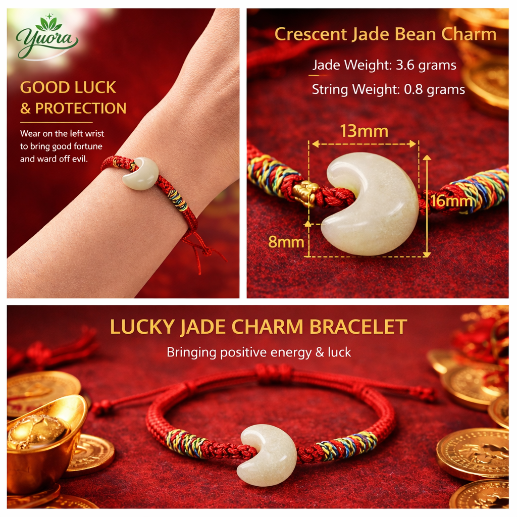 Natural Nephrite Hetian Jade Moon Shape Bracelet – Red String Adjustable Lucky Charm Bracelet | Yuora Jewelry