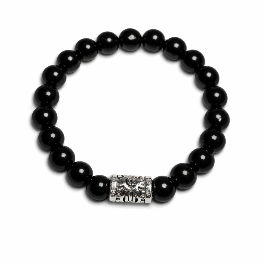Black beaded ring with a silver clasp on a white background