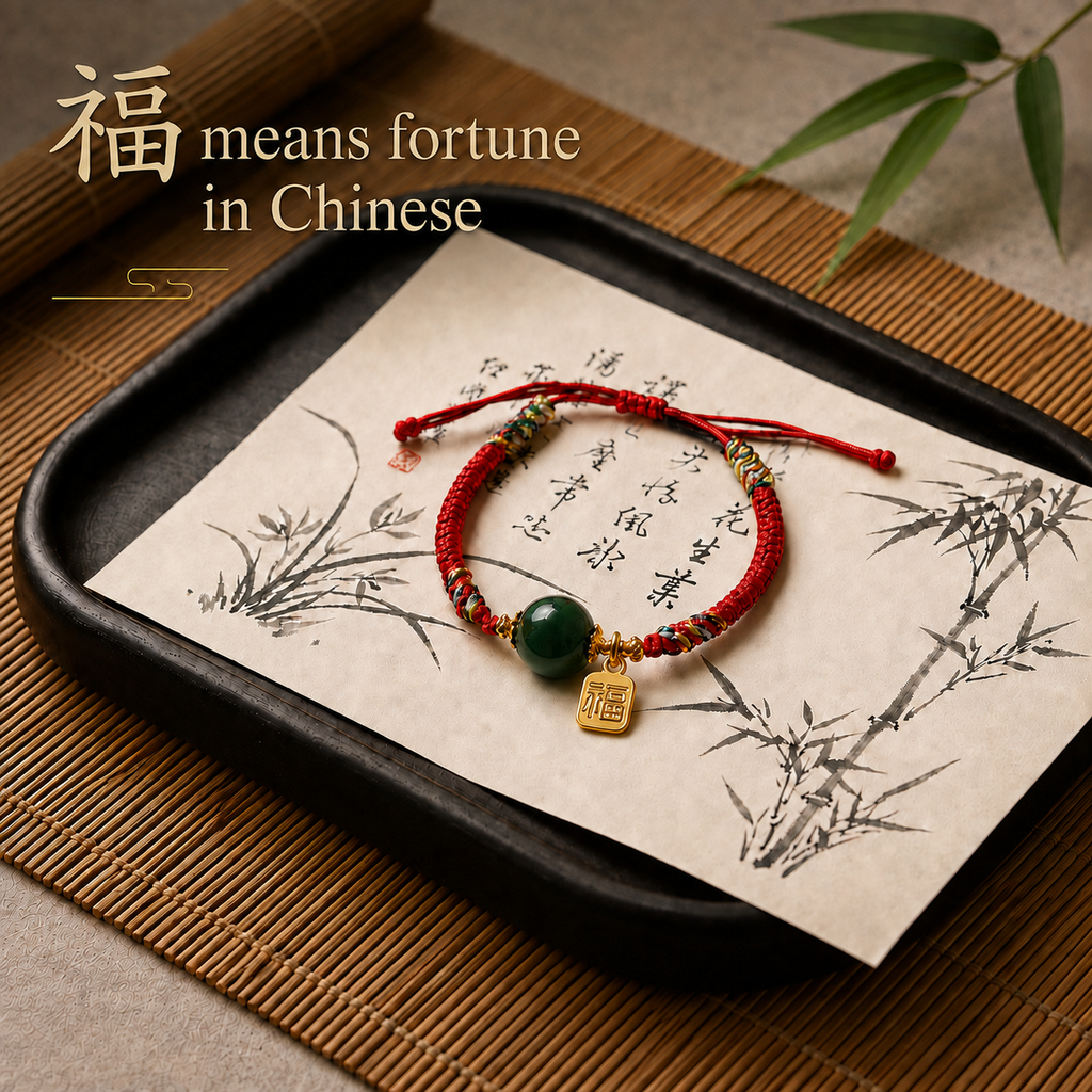 hand-woven red cord bracelet with jade stone