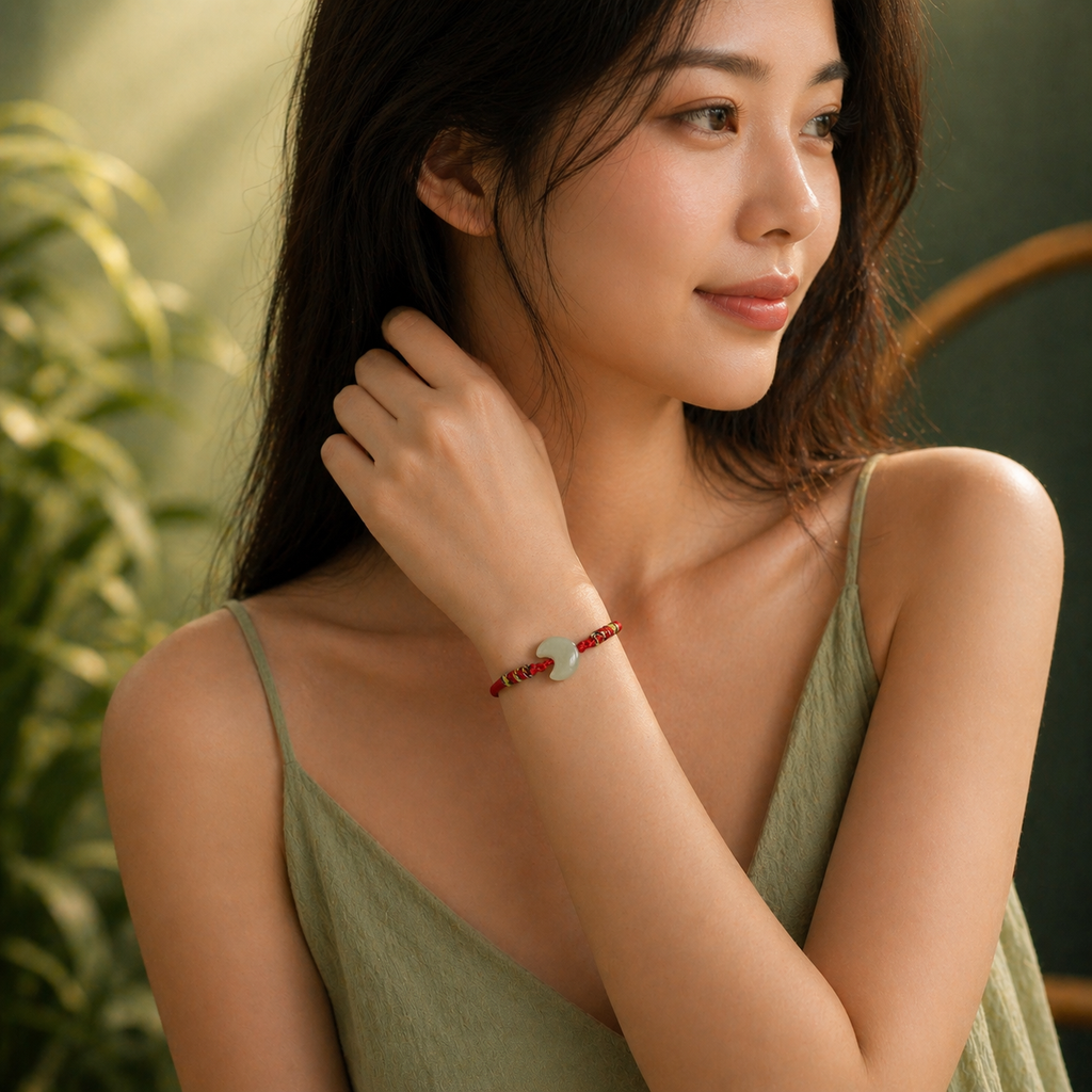 Natural Nephrite Hetian Jade Moon Shape Bracelet – Red String Adjustable Lucky Charm Bracelet | Yuora Jewelry
