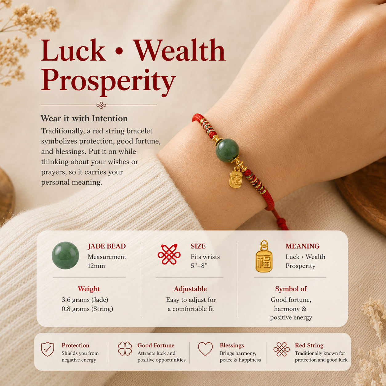 【Fortune Bean】 Natural Jade Lucky Bean Bracelet –  Red String Good Luck Charm for Women & Men, Adjustable Protection & Positive Energy Bracelet | Red String Bracelet Jade Crafted Stone Bean Attached