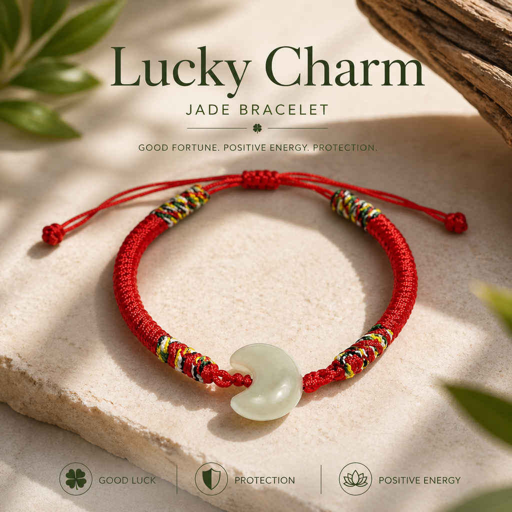 Natural Nephrite Hetian Jade Moon Shape Bracelet – Red String Adjustable Lucky Charm Bracelet | Yuora Jewelry