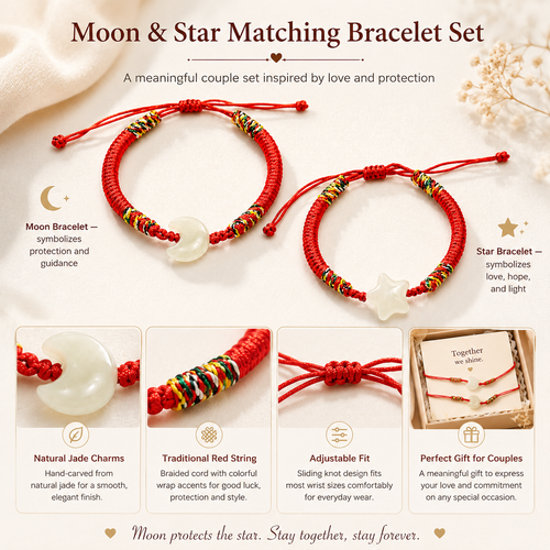 Moon and Star Matching Bracelets for Couples, Natural Jade Red String Bracelet Set, Adjustable Couple Bracelets for Men and Women, Moon Protects Star Love Bracelet Gift for Girlfriend Boyfriend
