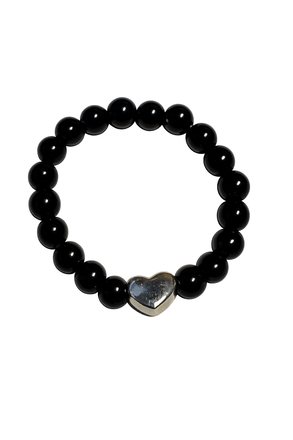 Black beaded bracelet with a silver heart charm on a white background