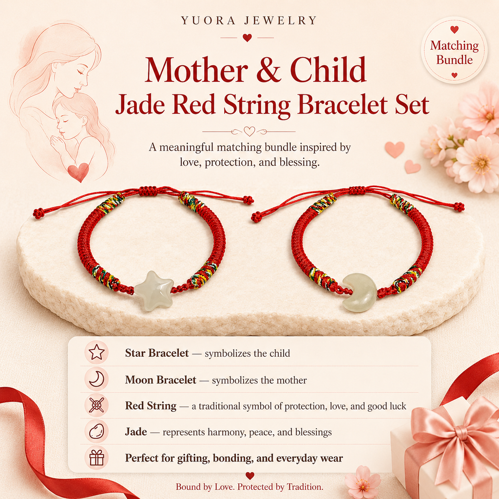 Mother & Child Jade Red String Bracelet Set – Matching Star and Moon Bracelets, Natural Jade Charm Bundle, Adjustable Red Cord Protection Bracelets, Meaningful Gift for Mom and Daughter/Son