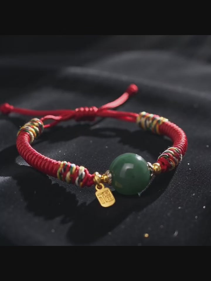 Natural Jade Fortune Bean Red String Bracelet with Fu Charm – Good Luck & Prosperity