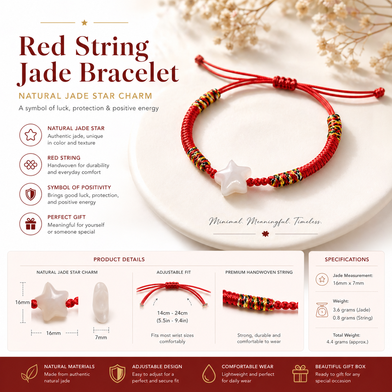 Natural Jade Star Shape Bracelet – Red String Adjustable Lucky Charm Bracelet | Yuora Jewelry
