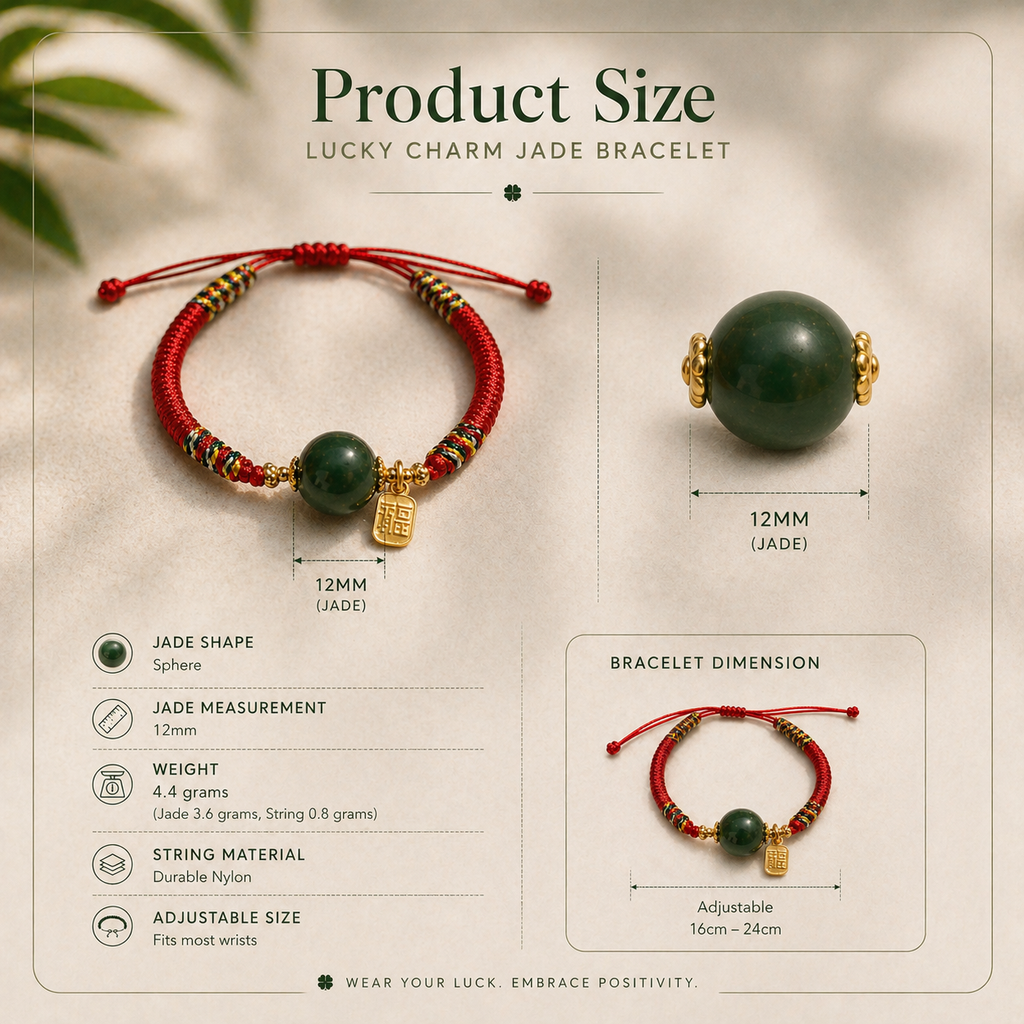 Lucky Charm Jade Bracelet with product size and feature details on a neutral background
