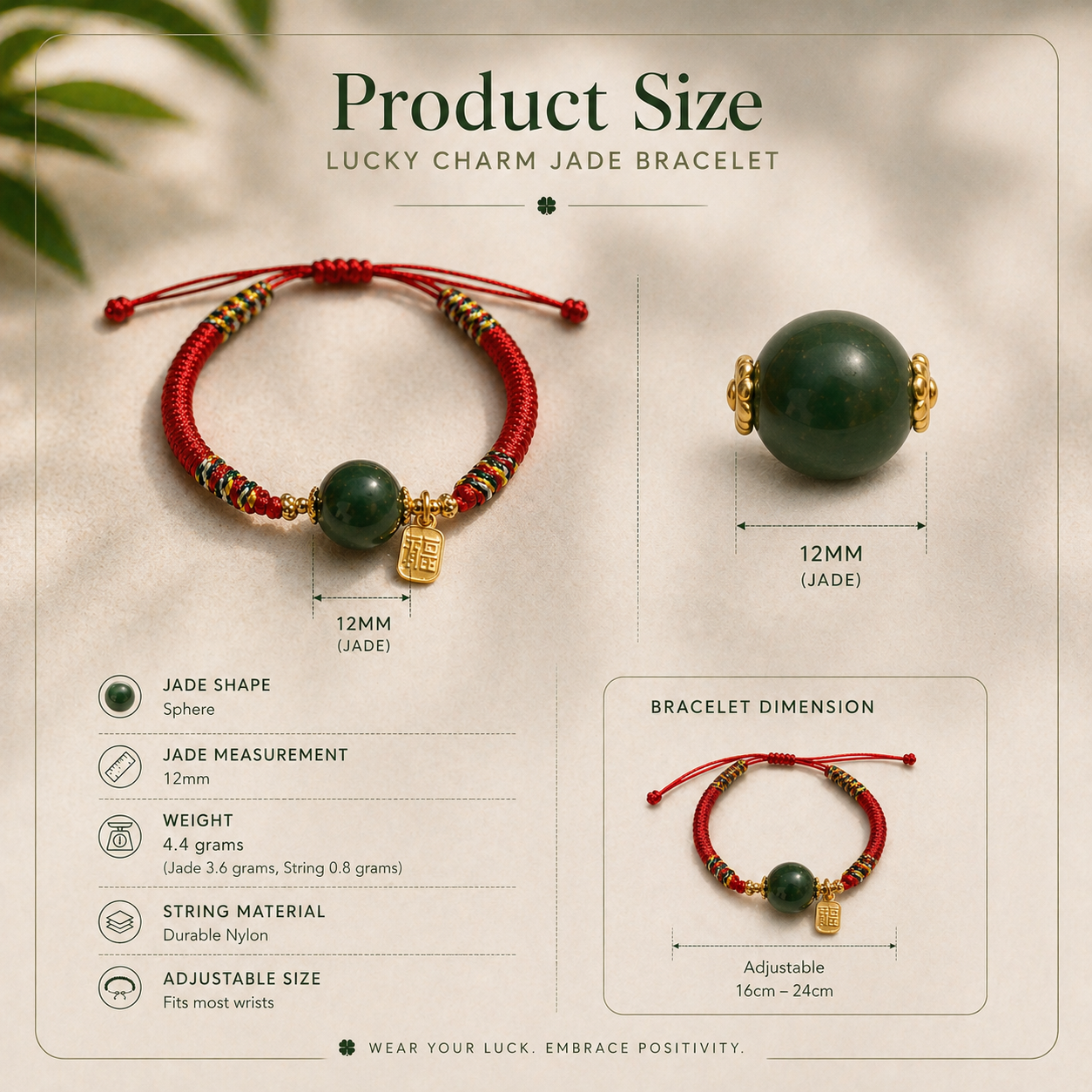 Lucky Charm Jade Bracelet with product size and feature details on a neutral background