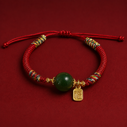 Jade fortune bean red string bracelet with natural green jade charm
