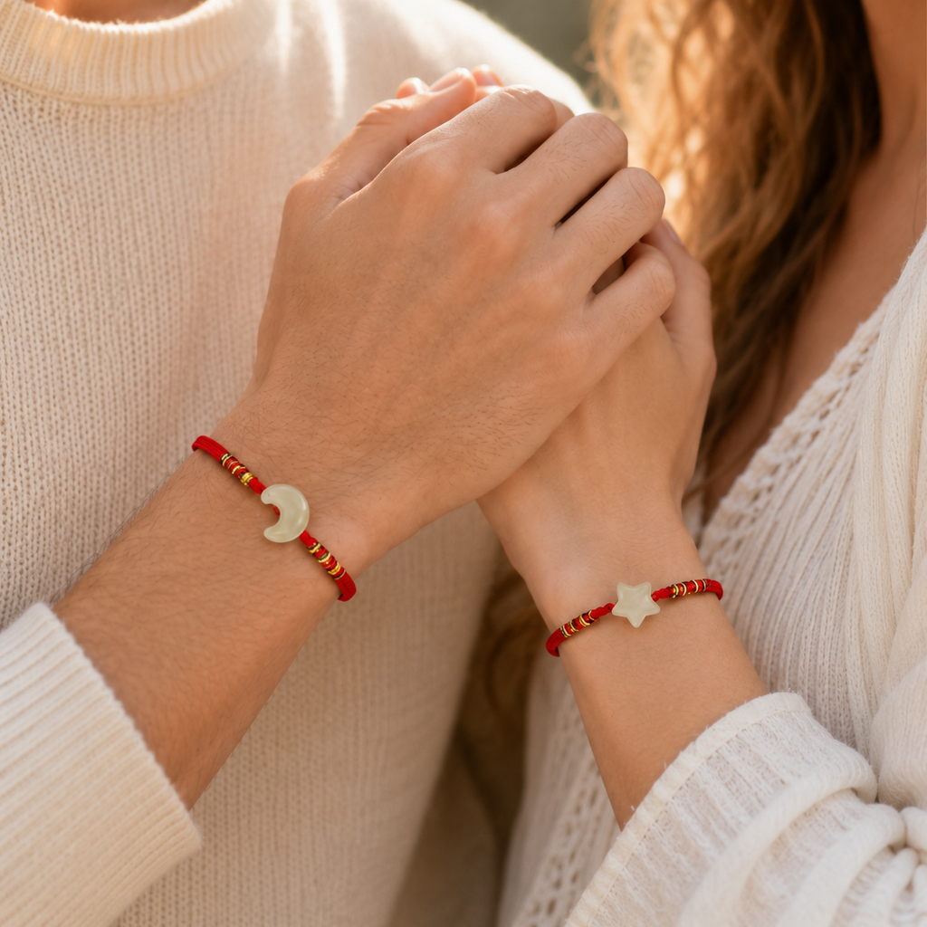 Moon and Star Matching Bracelets for Couples, Natural Jade Red String Bracelet Set, Adjustable Couple Bracelets for Men and Women, Moon Protects Star Love Bracelet Gift for Girlfriend Boyfriend